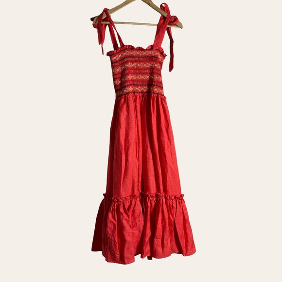 Cara Cara NYC Jenny Hibiscus Linen Smocked Tie Shoulder Midi Dress Size S - Picture 12 of 16